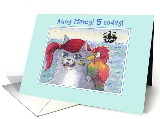 Happy 5th Birthday, Pirate cat with parrot card (1518520)