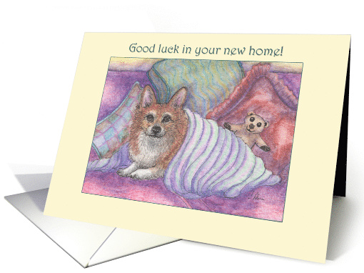 Good luck in your new home, Welsh corgi dog & teddy bear, card