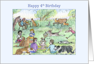 Happy 4th Birthday, dogs playing in the park with their owners, card