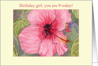 Birthday girl, 9th birthday, fairy card, hibiscus flower & fairy card