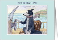 Happy Birthday Coach, Border Collie dog steering a boat card