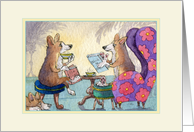 Welsh Corgi Dogs Chat and Drink Tea at Book Club, Blank card