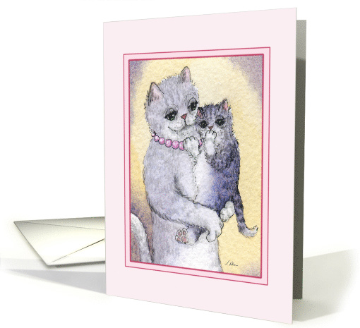 A Silver Tabby Mother Cat Comforts her Shy Kitten, Blank card