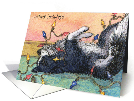 Happy holidays, dog help with tree lights, christmas card (315968)