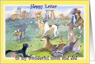 Happy Easter paper greeting card for mom and dad whippet greyhound dog humor card