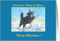 merry christmas, paper cards, dog, snow, from our home to yours, card