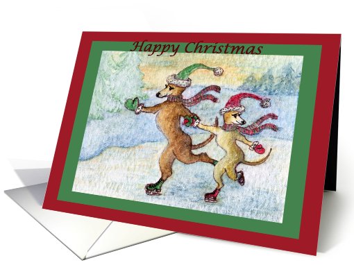 happy christmas, paper card, Ice skating, whippet, card (515825)