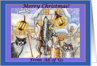 merry christmas, dogs and cats, singing carols, from all of us, card
