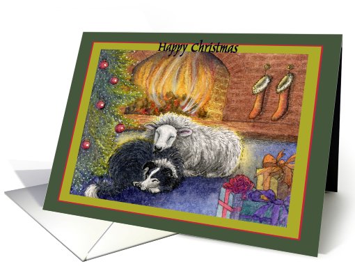 happy christmas, border collie dog, sheep, fire, green border, card