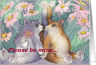 Cats, flowers, Please be mine, card