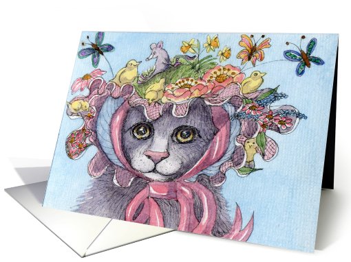 Cat in her spring bonnet card (799609)