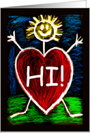 HI! Smiling Heart Stick Figure in Bright Crayon Colors on Black card