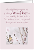 Sister in Christ Birthday Butterfly on Pink Bloom card
