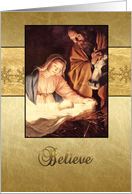 Believe, nativity, christian Christmas card, gold effect card
