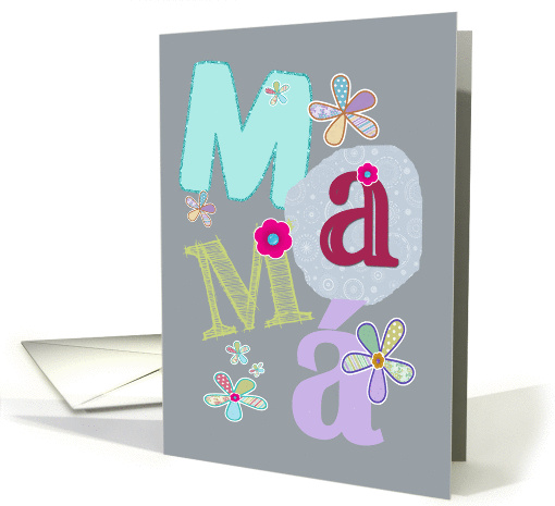 mam, happy mother's day in Spanish, letters and flowers, teal card