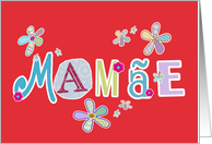 Mame, happy mother’s day in Portuguese, letters and flowers, red card