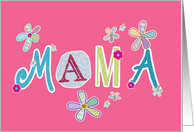 Mama, happy mother’s day in German, letters and flowers, pink card