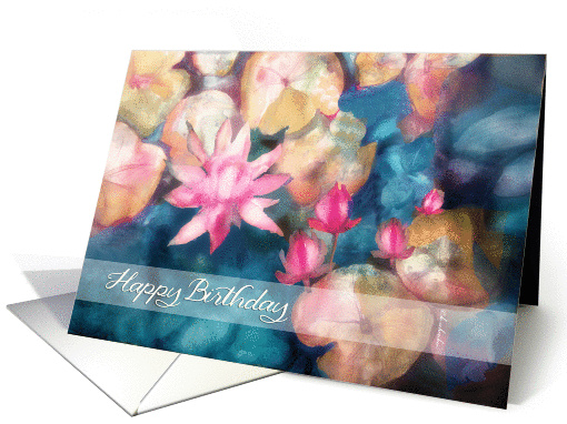 Happy Birthday, water lilies watercolor painting, Irish blessing card