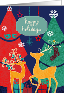 Happy Holidays, reindeer and Christmas trees, retro design card