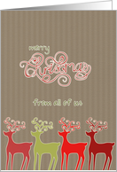 Merry Christmas from all of us, reindeers, kraft paper effect card