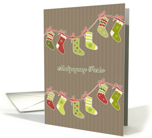 Merry Christmas in Tagalog, stockings, kraft paper effect card
