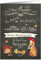 Happy Thanksgiving, Pilgrim Lady in red hat, chalkboard effect card