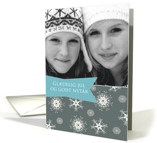 Merry Christmas in Danish, Customizable photo card, snowflakes card