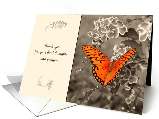 Thank you for your kind thoughts and prayers, orange butterfly card