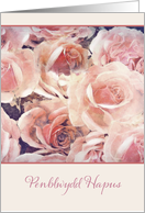 Happy Birthday in Welsh, pink and cream roses card