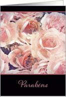 Happy Birthday in Portuguese, pink and cream roses card