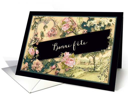 Happy Birthday in French Canadian, nostalgic vintage roses card