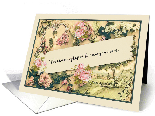 Happy Birthday in Czech, nostalgic vintage roses card (1260138)