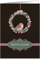 Merry Christmas in Serbian, robin and wreath, illustration card