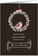 For son and his family, Season’s Tweetings, robin and wreath card
