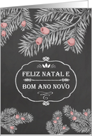 Merry Christmas in Portuguese, Yew Branches, Chalkboard effect card