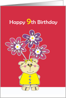 happy 9th birthday, cute little bear with flowers card