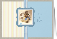 it’s a boy - birth announcement boy, vintage photo, blue with stripes card