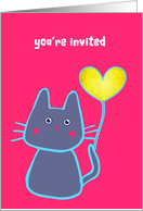 you are invited, kid’s birthday party, pink cat with balloon card