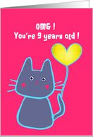 happy 9th birthday, pink cat with balloon card