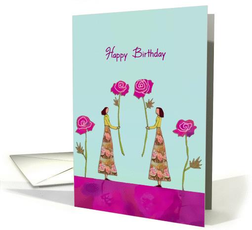 Happy Mutual Birthday, two women holding roses card (209222)