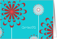 grazie, Thank you in Italian, red and white flowers, turquoise card