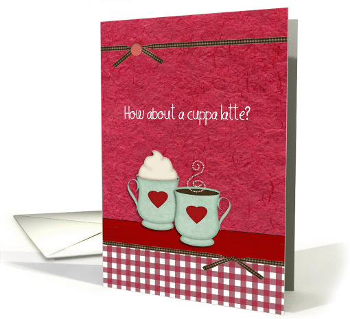 how about a cuppa coffee, two mugs on red background card (216835)
