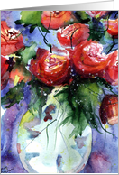 birthday roses in vase, happy birthday, watercolor painting card