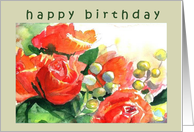  happy birthday red roses green berries card