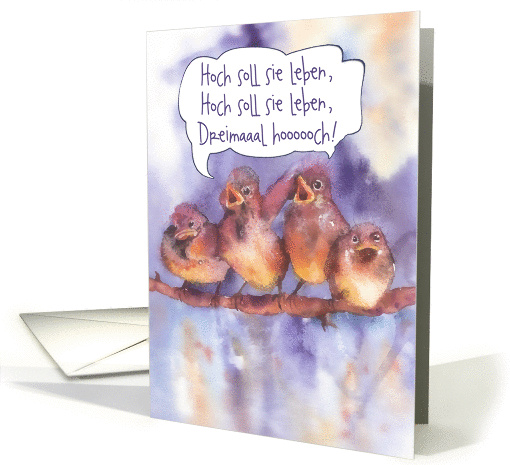 for female recipient, happy birthday in German, singing sparrows card