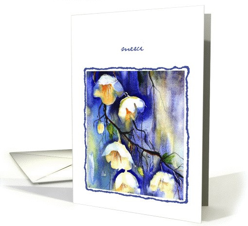 Merci, Thank you in French, Watercolor painting, white flowers card