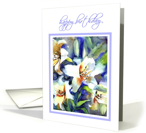 happy birthday white lilies painting card (277329)