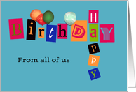 happy birthday from all of us, business birthday card, letters teal card