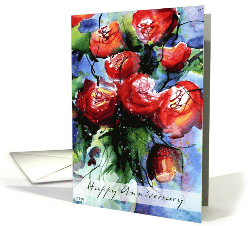 Happy Anniversary, Vibrant red roses in vase, Watercolor painting card