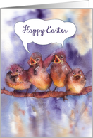 Happy Easter, cute singing sparrows, watercolor painting card